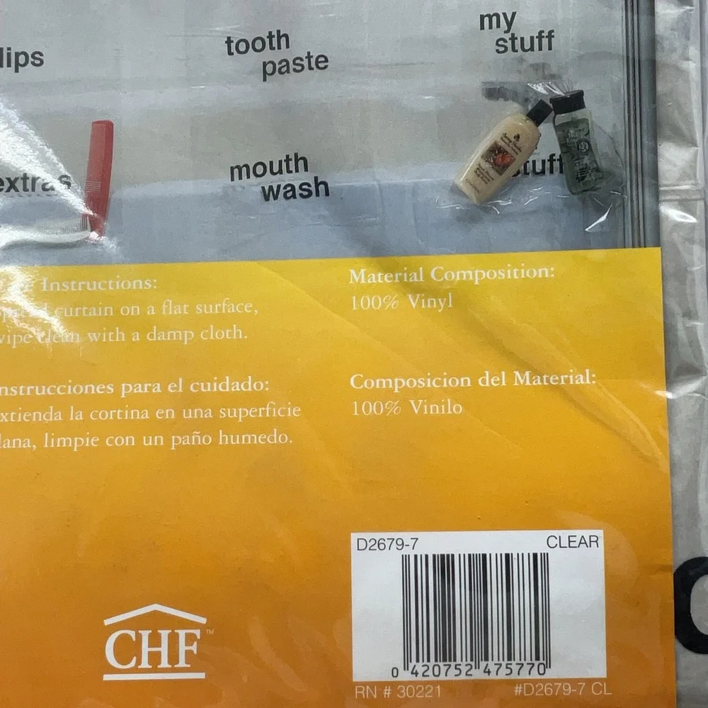 CHF Jakson Clear Vinyl Shower Curtain Pockets Organizer 70x72 D2679-7 NEW